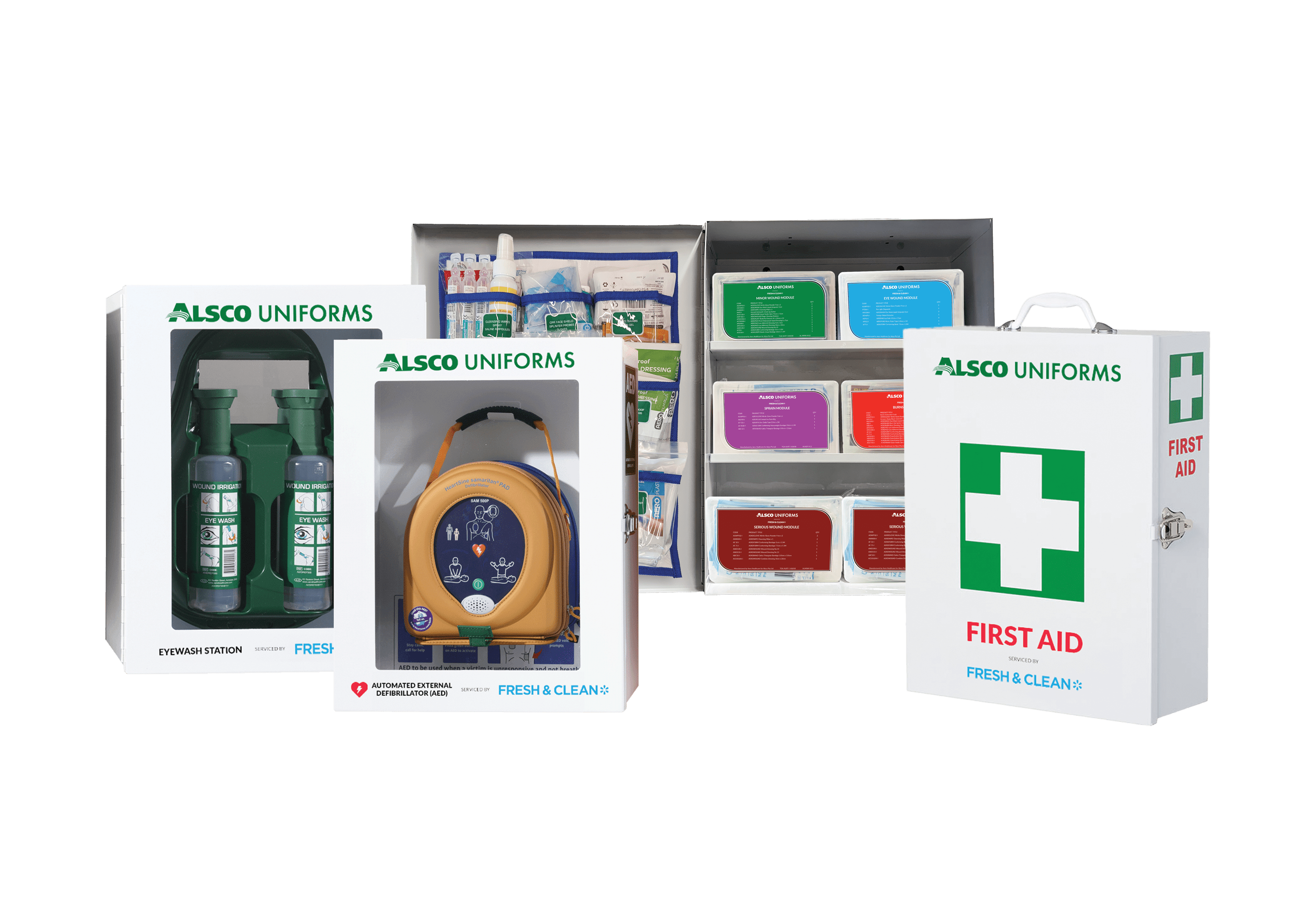 Alsco Uniforms x Fresh & Clean - Eyewash Station, Automated External Defibrillator, First Aid (Open and Closed)